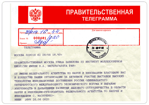 Государственная телеграмма в адрес Института Молекулярной Биологии, 2007г 